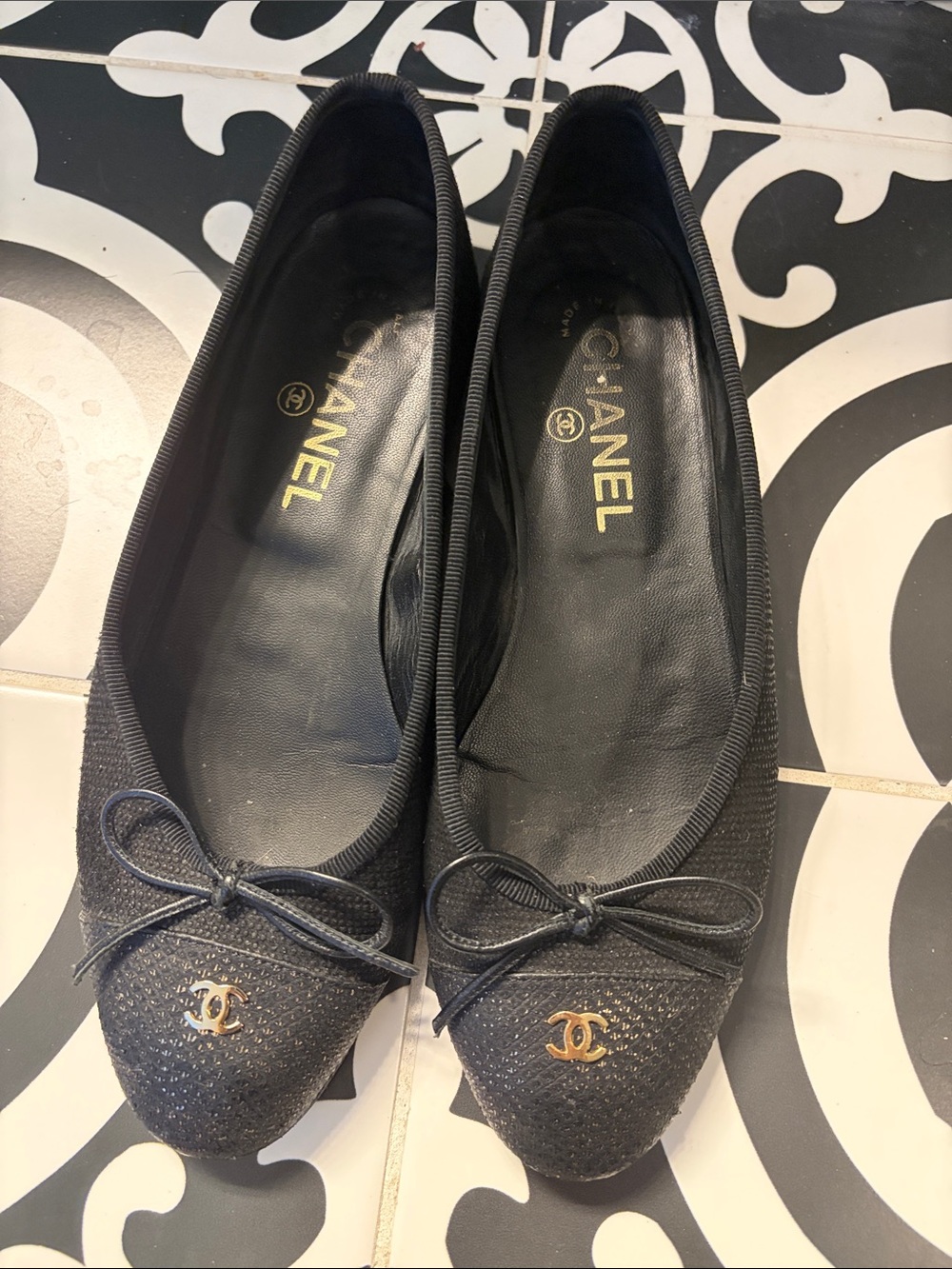 Vintage CHANEL Black Tweed Ballet Flats with Gold CC